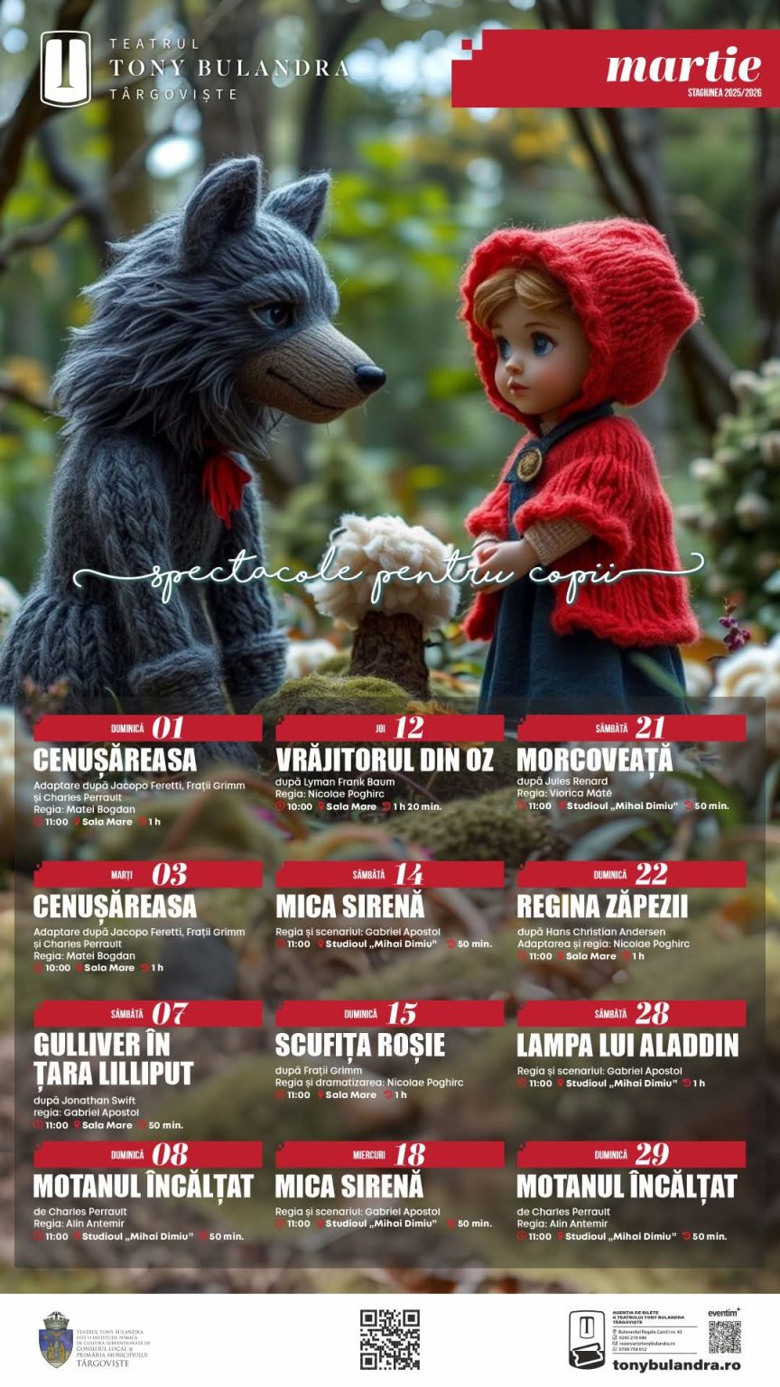 Teatrul Tony Bulandra Târgoviște – Program spectacole copii, martie 2026