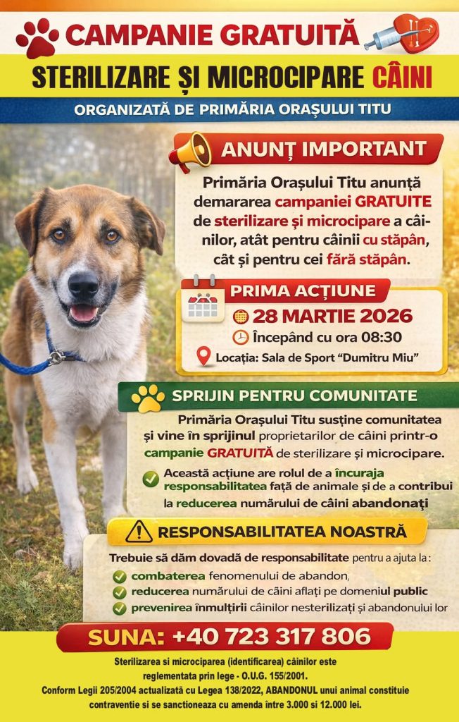 Campanie gratuită de sterilizare și microcipare a câinilor la Titu. Prima acțiune are loc pe 28 martie Campanie gratuită de sterilizare și microcipare a câinilor la Titu. Prima acțiune are loc pe 28 martie