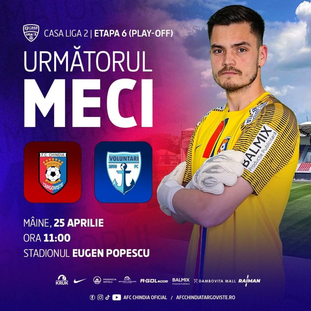 Hai pe stadion! AFC Chindia Târgoviște joacă sâmbătă cu FC Voluntari