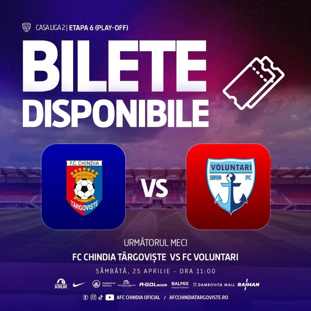 Bilete promoționale la meciul Chindia Târgoviște – FC Voluntari,la achiziția unui bilet, fanii primesc un al doilea bilet gratuit, valabil pentru anumite sectoare ale arenei.