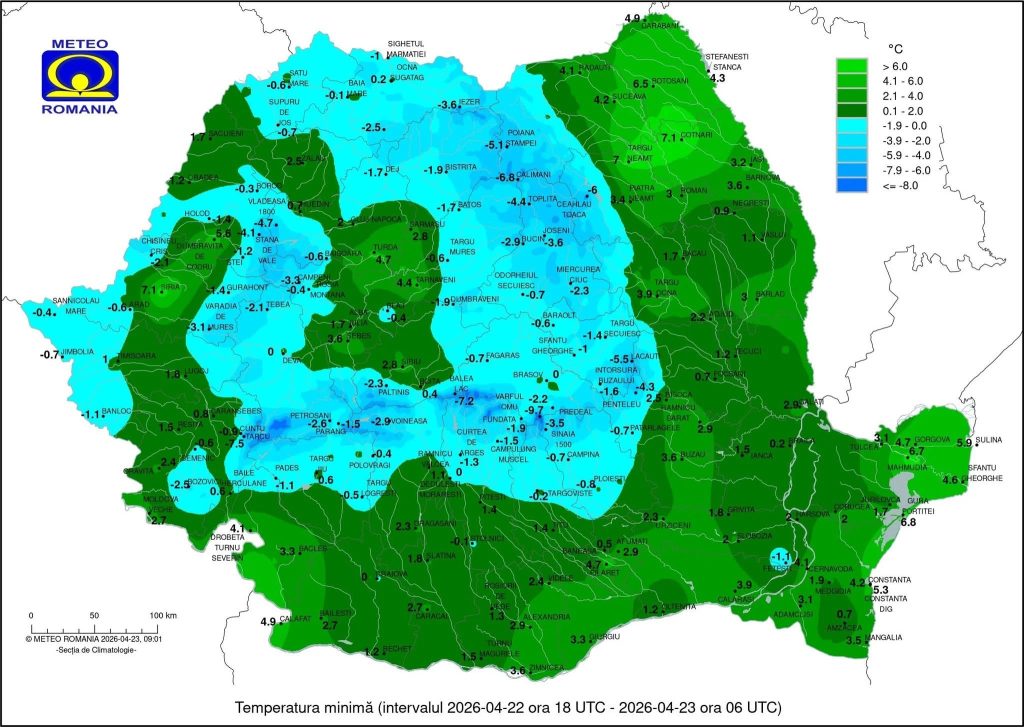 Îngheț neașteptat în aprilie 2026: temperaturi sub zero în mai multe regiuni ale țării