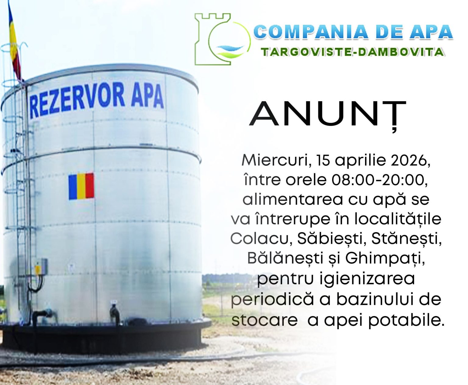 Întrerupere apă potabilă în Răcari și localitățile aparținătoare