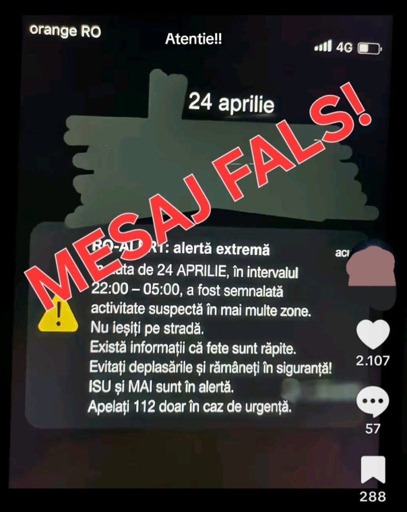  Atenție! Mesaj fals RO-Alert distribuit online – autoritățile avertizează asupra riscului de panică