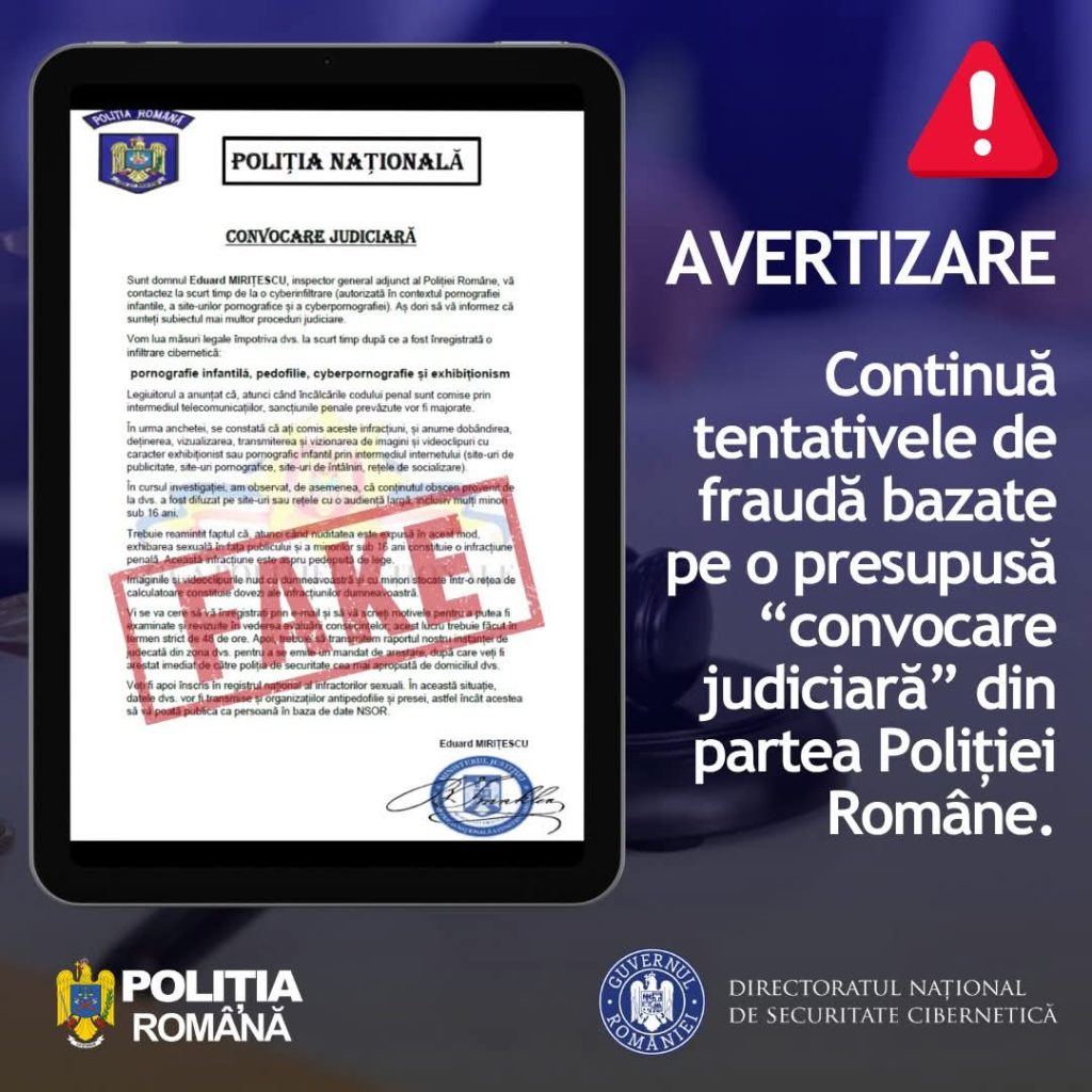 Avertizare: Noi tentative de fraudă în numele Poliției Române