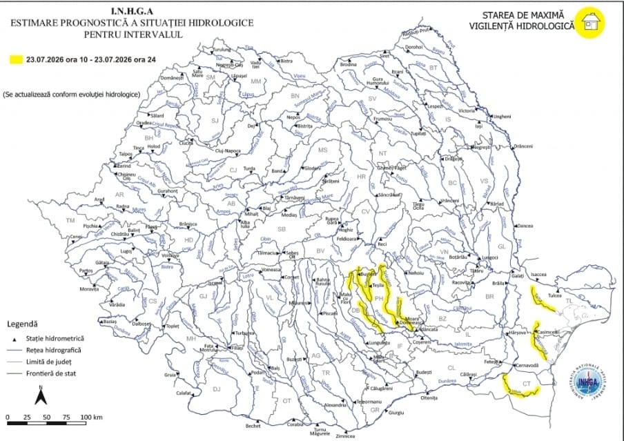 ATENȚIONARE HIDROLOGICĂ – COD GALBEN ÎN DÂMBOVIȚA ATENȚIONARE HIDROLOGICĂ