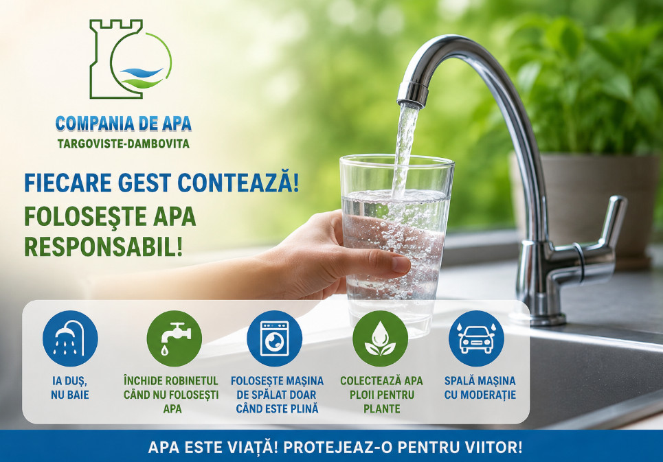 Compania de Apă Târgoviște-Dâmbovița face apel la populație: Folosiți responsabil apa potabilă în perioada VERII! Compania de Apă Târgoviște-Dâmbovița