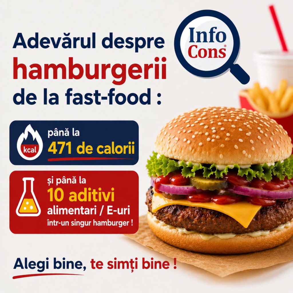 STUDIU InfoCons: Un singur hamburger de tip fast-food poate conține până la 471 de calorii și 10 aditivi alimentari InfoCons