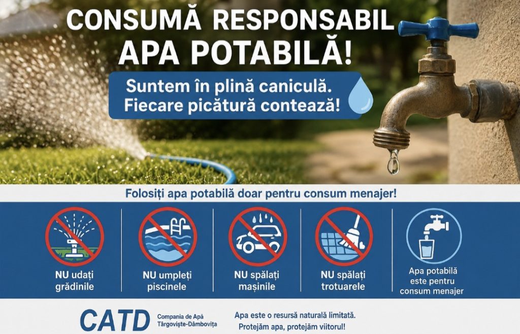 SUNTEM ÎN PLINĂ CANICULĂ, IAR APA DEVINE O RESURSĂ CRITICĂ! CATD: „CONSUMAȚI RESPONSABIL APA POTABILĂ” CONSUMAȚI RESPONSABIL APA POTABILĂ