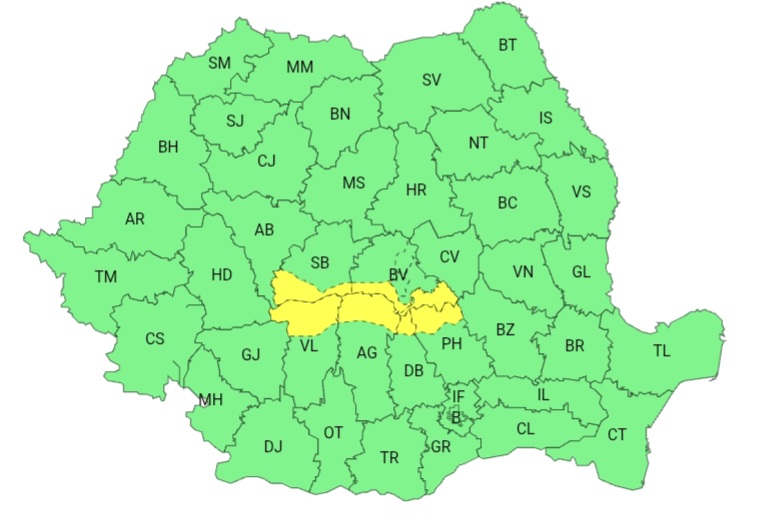 Cod Galben de furtuni în zona montană a județului Dâmbovița. Averse torențiale, vijelii și grindină Cod Galben de furtuni