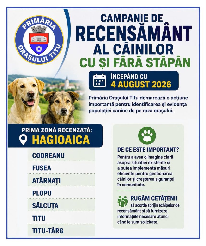 RECENSĂMÂNT AL CÂINILOR CU ȘI FĂRĂ STĂPÂN ÎN ORAȘUL TITU. CAMPANIA A ÎNCEPUT PE 4 AUGUST ORAȘUL TITU