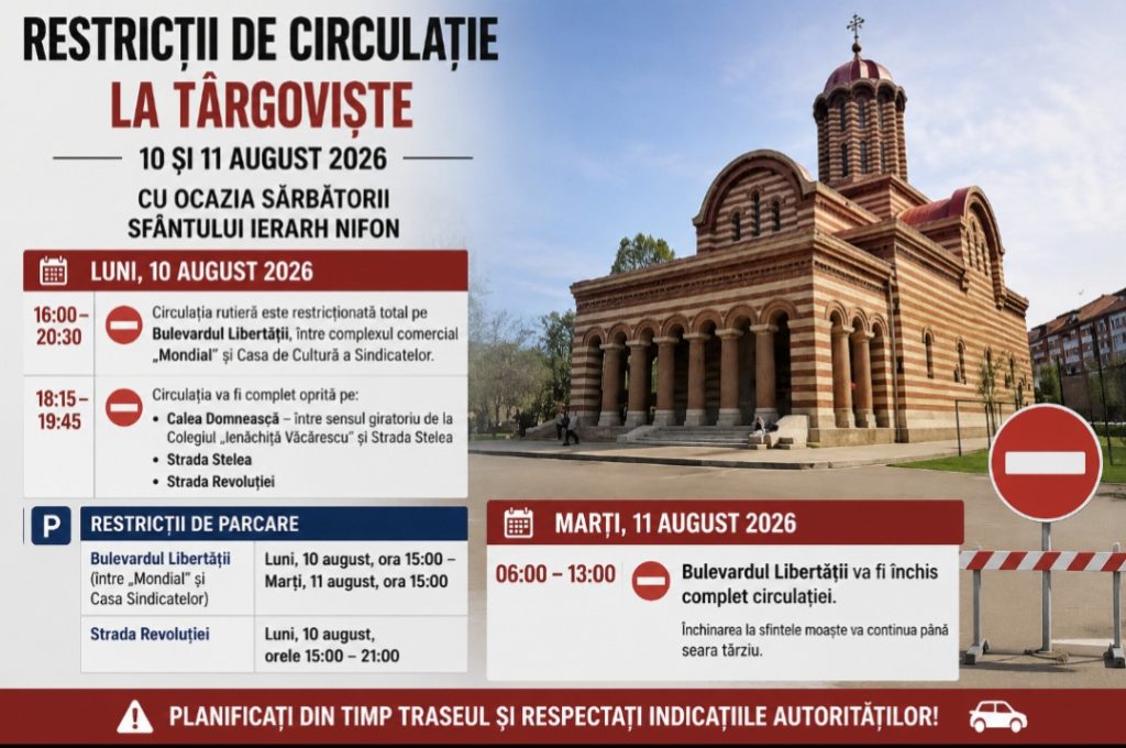Târgoviștea intră în regim special pe 10 și 11 august! Străzi închise pentru sărbătoarea Sfântului Nifon
