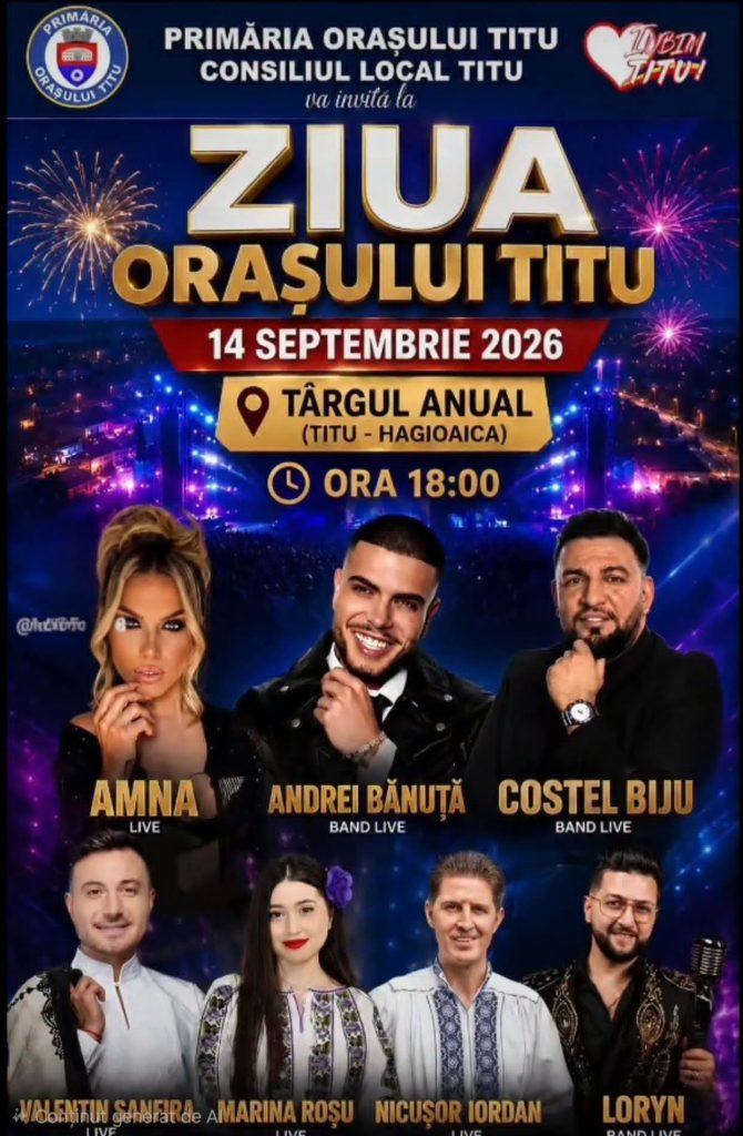 Ziua Orașului Titu, sărbătorită pe 14 septembrie! Spectacol pe scena Târgului Anual de la Hagioaica Ziua Orașului Titu, sărbătorită pe 14 septembrie! Spectacol pe scena Târgului Anual de la Hagioaica